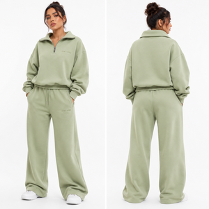 Conjunto de chándal de felpa gruesa premium para mujer: Sudadera oversize con cremallera de un cuarto y pantalones de chándal de pierna ancha OEM ODM - Product Image 3