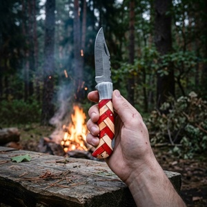 Couteau pliant artisanal de haute qualité en acier Damas, manche en bois, étui en cuir, couteau utilitaire de survie Viking - Product Image 2