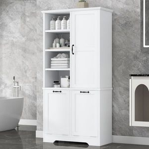 Mobiletto da Bagno Indipendente con Ante e Cassetti, Ampio Spazio di Archiviazione, Ripiani Aperti e Cesto Portabiancheria Inclinabile - Product Image 2
