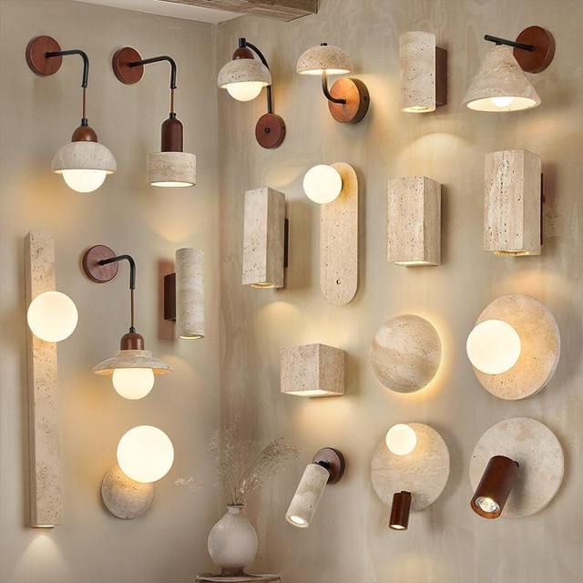 LED Wall Sconce Wabi Sabi Travertine Wood Glass Globe Modern Wall Lamp for Bedroom Living Room Home Hotel Decor