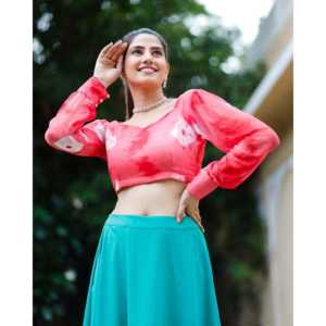 Top Corto Casual Estampado de Chifón Color Durazno con Cuello en V y Manga Larga, con Falda de Tela Transpirable de Secado Rápido, Primavera/Verano, Talla XS - Product Image 5