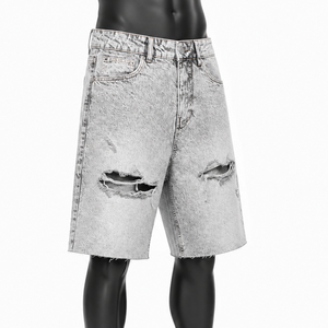 Shorts en jean gris clair déchirés et délavés pour hommes, style baggy, fabrication OEM/ODM, vente en gros, fabricant de shorts en jean streetwear - Product Image 3