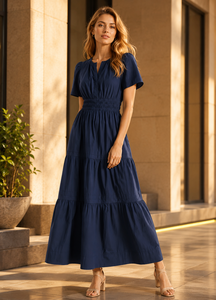 Robe longue élégante bleu marine à manches bouffantes, col en V, superposée, taille élastiquée smockée, en coton tissé décontracté pour l'été - Product Image 1