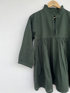 Women's Dark Green Cotton Long Sleeve <b>Top</b> Solid Color Ruffle Neck Design Blouse Bohemian Casual Wear Lightweight Summer Tunic - Product Image 2
