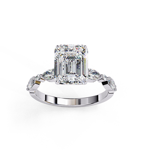 Anillo de Compromiso de Moissanita con Corte Esmeralda en Oro Blanco con Piedras Laterales Marquise, Estilo Clásico, Joyería para Mujer - Product Image 4