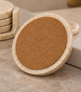 Ensemble de 4 sous-verres en marbre naturel de qualité supérieure avec support assorti, couleur ivoire beige chaud, sous-verres ronds pour table - Product Image 5