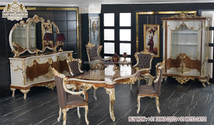 ชุดเฟอร์นิเจอร์ห้องรับประทานอาหารสุดหรูสไตล์ฝรั่งเศส ทำจากไม้สัก งานแกะสลักด้วยมือแบบคลาสสิก 9 ชิ้น โต๊ะรับประทานอาหารสีเงินรอยัล 8 ที่นั่ง - Product Image 4