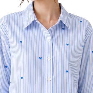 Camisa de Mujer a Rayas Blancas y Azul Claro, con Botones, Manga Larga, Blusa de Algodón, Bordado de Corazón, Corte Holgado, Estilo Casual, Talla Grande - Product Image 5