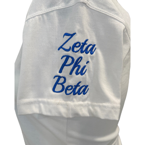 เสื้อยืดเชนิลล์สีขาว Zeta Phi Beta สำหรับผู้หญิง ปักลายตราสัญลักษณ์สมาคมนักศึกษาหญิงภาษากรีก เสื้อยืดลำลอง - Product Image 4