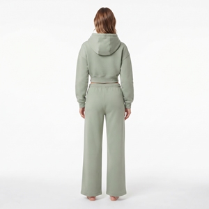 Women Latest Crop Top Full Zip Drop Shoulder Full Sleeve Hoodie Cotton Fleece <b>Wide</b> <b>Leg</b> Drawstring <b>Jogger</b> Two Piece Tracksuit - Product Image 5