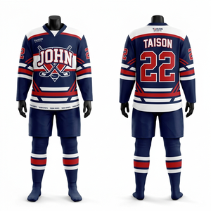 ชุดยูนิฟอร์มฮอกกี้น้ำแข็งผ้าโพลีเอสเตอร์ตาข่ายพรีเมียม 260 GSM สีน้ำเงินกรมท่า ขาว ทอง ลายเส้นเฉียง พร้อมโลโก้แบบซับลิเมชั่นสั่งทำพิเศษ - Product Image 2