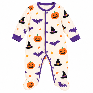 Pyjama une pièce pour bébé et tout-petit, à manches longues, boutonné sur le devant, imprimé citrouille, chauve-souris et chapeau de sorcière, thème Halloween - Product Image 5