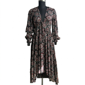 Vestido Midi Casual de Verano para Mujer, Estampado, Modal, Seda, Satén, Cuello en V Profundo, Manga Larga con Puño Elástico, Vestido Maxi para Uso Diario - Product Image 1