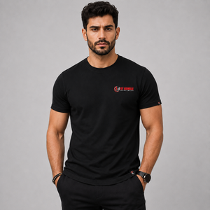 T-shirt décontracté pour homme en coton bambou noir, coupe ample, manches courtes, col rond, anti-rétrécissement, motif tricoté 300g, type lettre - Product Image 1