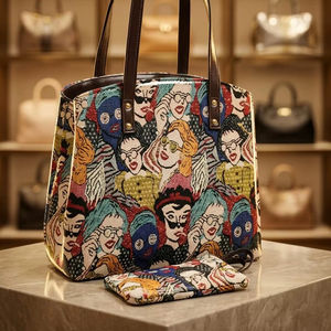 Ensemble de 2 pièces : Sac fourre-tout pour femme avec imprimé de portrait de personnage de dessin animé et pochette assortie en tissu - Product Image 1