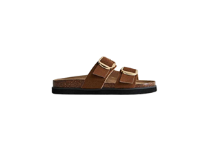 Black PU Strap Double Buckle Anti-<b>Slip</b> Fashion Trend Flat Sandals Open Toe Summer Wear Breathable Cork Midsole Rubber Outsole - Product Image 4