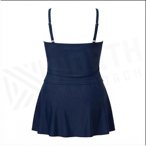 Women's Navy Blue One Piece <b>Swimdress</b> With Ruffles And Ribbed Bodice Spandex Polyester Stretch Beachwear - Product Image 2