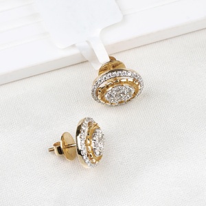 Pendientes de Oro Amarillo Sólido de 14k con Diamantes Naturales en Forma Ovalada y Halo, Joyas Memoria, Venta al Por Mayor - Product Image 3