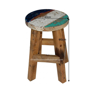 Sustainable Reclaimed Boat Wood <b>Round</b> Top <b>Stool</b> Leg with Square Wood Design Eco-Friendly Indoor Outdoor Bali Wood Furniture - Product Image 5