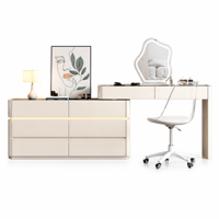 Coiffeuse moderne en verre blanc avec miroir, tiroirs de rangement et bande lumineuse chaude pour chambre, salle de bain, bureau à domicile