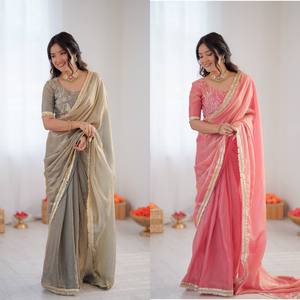 Satrani Women's Shimmer <b>Tissue</b> Gota Lace Ready To Wear Saree with Unstitched Blouse Piece - Product Image 6