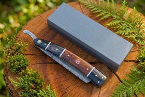 Damascus Steel Sheepsfoot Knife Wood Handle Straight Edge Thumb Knob Folding <b>Camping</b> Knife 8" In Overall Length - Product Image 5