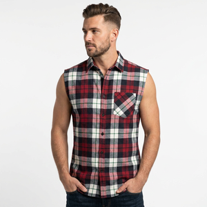 Factory Custom Color 100% Cotton Men's Button-Up Sleeveless Flannel <b>Shirt</b> Yarn Dyed Blue Black Plaid Casual Summer Breathable - Product Image 4