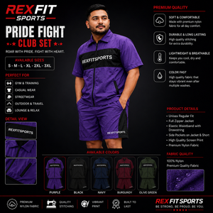 REXFIT SPORTS 2026 Conjunto Deportivo Personalizado para Hombre, Chaqueta con Cremallera Completa y Pantalones Cortos de Nailon Morado, Ropa Deportiva Personalizada - Product Image 1