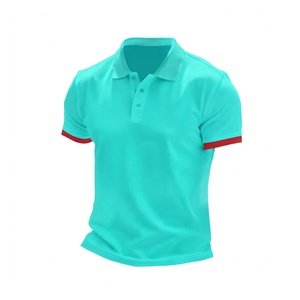 Custom Mens <b>Turquoise</b> Polo <b>Shirt</b> Short Sleeve Contrast Red Cuff Golf Casual Sportswear Cotton Pique Breathable Summer Fashion - Product Image 1
