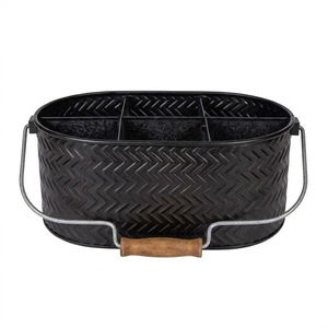 Porta cubiertos de metal galvanizado negro estilo rústico con mango de madera, organizador de utensilios portátil de 4 compartimentos para cocina y comedor - Product Image 6