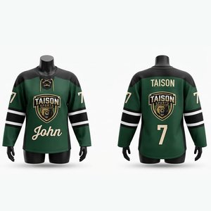 Maillot de hockey sur glace pour hommes, tissu polyester premium 240g, logo brodé personnalisé, respirant, manches courtes, vert, noir, numéro en twill - Product Image 1