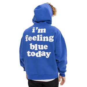 Sweat à capuche personnalisé 100 % coton OEM bleu roi avec impression en relief, lettres imprimées au dos, molleton épais, coupe oversize pour homme - Product Image 4