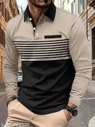 Men’s Long Sleeve Color-<b>Block</b> Polo Shirt – <b>Sand</b> & Black Contrast Polo with Striped Chest Detail – Smart-Casual Autumn Wear - Product Image 3