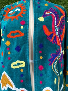 Premium Turquoise <b>Velvet</b> Embroidered Suzani <b>Jacket</b> With Dragon Pattern Full Sleeve Stand Collar Bohemian Winter Outerwear - Product Image 1
