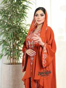 Abaya pour femmes adultes en polyester brodé orange, col cœur, manches longues, longueur au sol, motif uni, style Moyen-Orient - Product Image 4