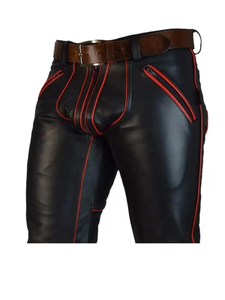 Men's <b>Black</b> Leather Biker <b>Pants</b> with Red Stitching Mid Waist Straight Fit Casual Lightweight SPECIOUS SPORTS 2027 - Product Image 3