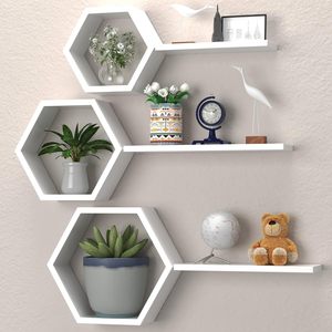 Étagères murales flottantes en bois pour salon, ensemble de 6 étagères hexagonales pour photos, plantes et décoration murale en nid d'abeille - Product Image 1