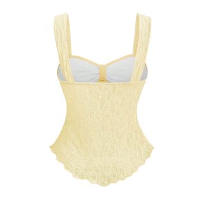 Women <b>Yellow</b> Lace Cami <b>Top</b> Breathable Plain Dyed Bow Front Wide Straps Sleeveless Peplum Blouse Elegant Fashion Summer Casual - Product Image 2