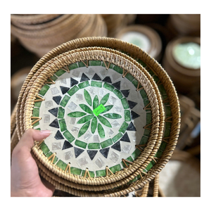 Premium Eco Friendly Rattan <b>Tray</b> With Mother Of Pearl Inlay Artisan Handmade Decorative <b>Basket</b> For Modern Homes - Product Image 2