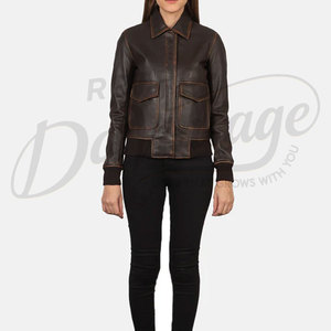 Women Brown Distressed Real <b>Leather</b> <b>Jacket</b> Shirt Collar Slim Fit Premium Sheepskin Casual Winter Bomber Outerwear Fashion Coat - Product Image 3