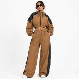 Vocksin <b>Women's</b> Camel Brown Cropped Hooded Windbreaker Tracksuit Waterproof Zipper <b>Jacket</b> Wide Leg Pants Set High Street Style - Product Image 1