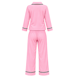 Women's Pink Pajama Set with Green Piping Alpha Kappa Alpha Embroidery and 1908 Detail <b>Long</b> Sleeve Button Front Top Matching - Product Image 2
