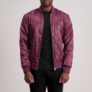 <b>Men's</b> Burgundy Quilted Bomber <b>Jacket</b> Solid Color Zipper Closure Casual Style Autumn Wear Regular Fit Stand Collar - Product Image 1