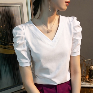 Camiseta de Satén para Mujer, Cuello en V, Manga Corta Abullonada, Color Sólido, Elegante, Corte Ajustado, Primavera/Verano - Product Image 3
