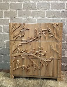 Luxury Handcrafted Solid Wood 3 Drawer Dresser Ornate Bird Tree Branch Relief Carving Finish - Product Image 1
