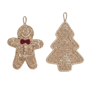 Adorno navideño de yute hecho a mano con forma de hombre de jengibre y árbol, decoración colgante de estilo rústico con apliques bordados. - Product Image 1
