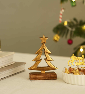 Golden Brass <b>Christmas</b> <b>Tree</b> Ornament With Star <b>Top</b> On Wooden Base <b>Table</b> <b>top</b> Traditional Holiday Decor <b>Christmas</b> decor home decor - Product Image 1