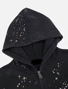 เสื้อฮู้ดซิปผ้าฝ้ายแท้ 100% ประดับดาวและเพชรเทียม สำหรับผู้ชาย สไตล์ลำลอง แจ็คเก็ตฮู้ดแบบยูนิเซ็กส์ ทรงหลวม สไตล์ Y2K มีกระเป๋า เหมาะสำหรับฤดูหนาว ขายส่ง - Product Image 3