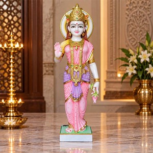 Estatua de Mármol de la Diosa Lakshmi con Flor de Loto |   Murti de la Diosa Laxmi Hecho a Mano con Sari Rosa |   MALIYAS Jaipur - Product Image 1