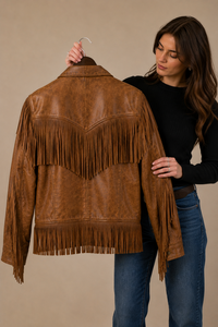 Men's Genuine Leather Eco-Friendly Windproof Western Fringe Jacket Distressed <b>Tan</b> <b>Brown</b> Cowboy Style Zipper Custom Logo OEM ODM - Product Image 4